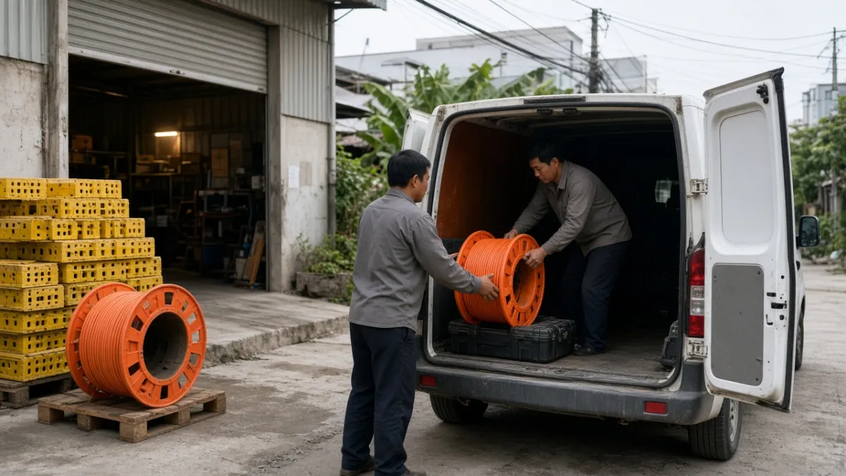 Hai kỹ thuật viên bốc cuộn cáp quang lên xe tại kho, thể hiện năng lực thi công và cho thuê truyền dẫn.