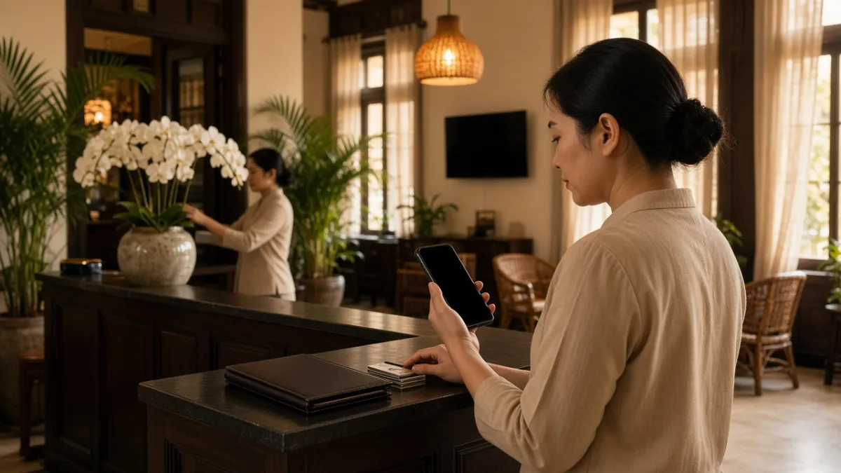 Nhân viên lễ tân khách sạn dùng điện thoại tại quầy tiếp tân trong không gian sảnh ấm cúng.