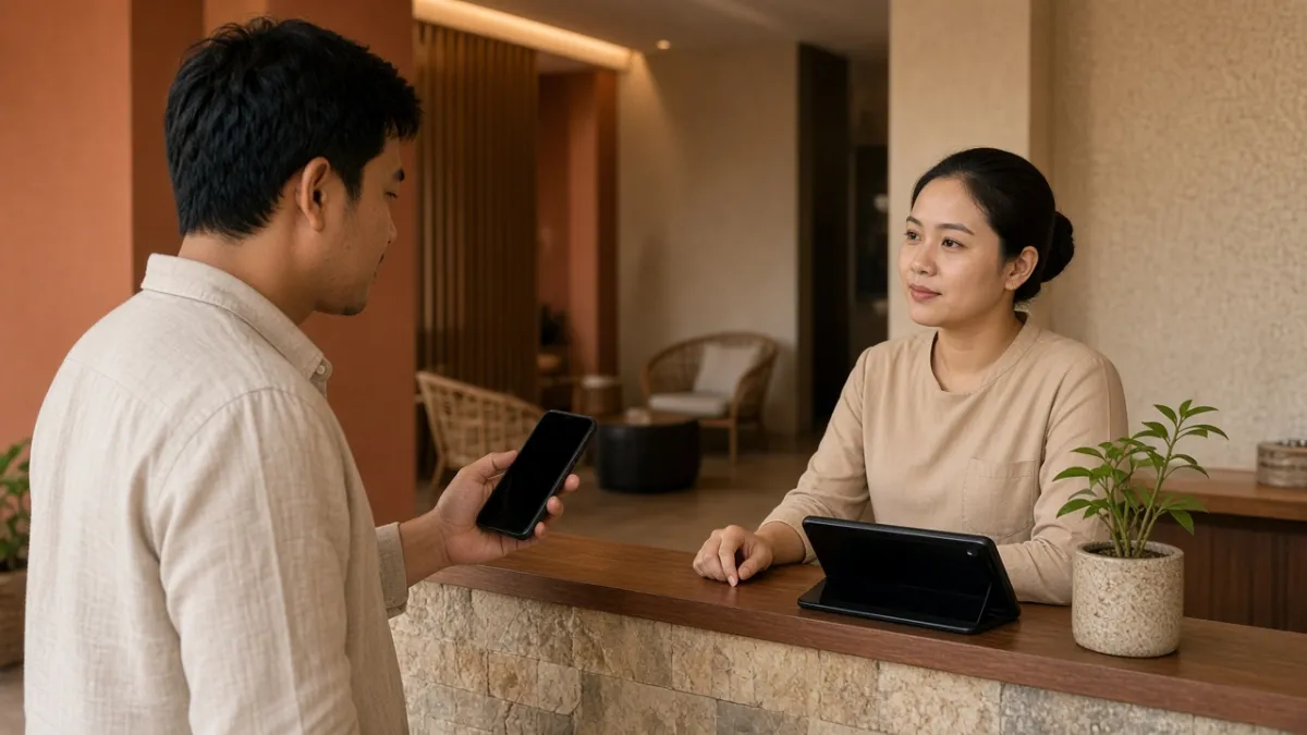 Khách cầm điện thoại tại quầy lễ tân khách sạn, nhân viên tiếp đón—gợi số hóa và trải nghiệm lưu trú thuận tiện.