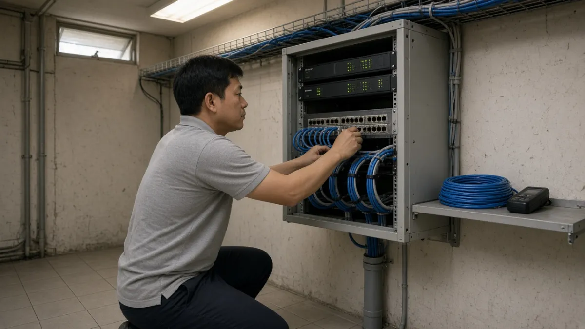 Kỹ thuật viên kiểm tra cáp và switch trong phòng thiết bị khách sạn — hạ tầng LAN cho IPTV.