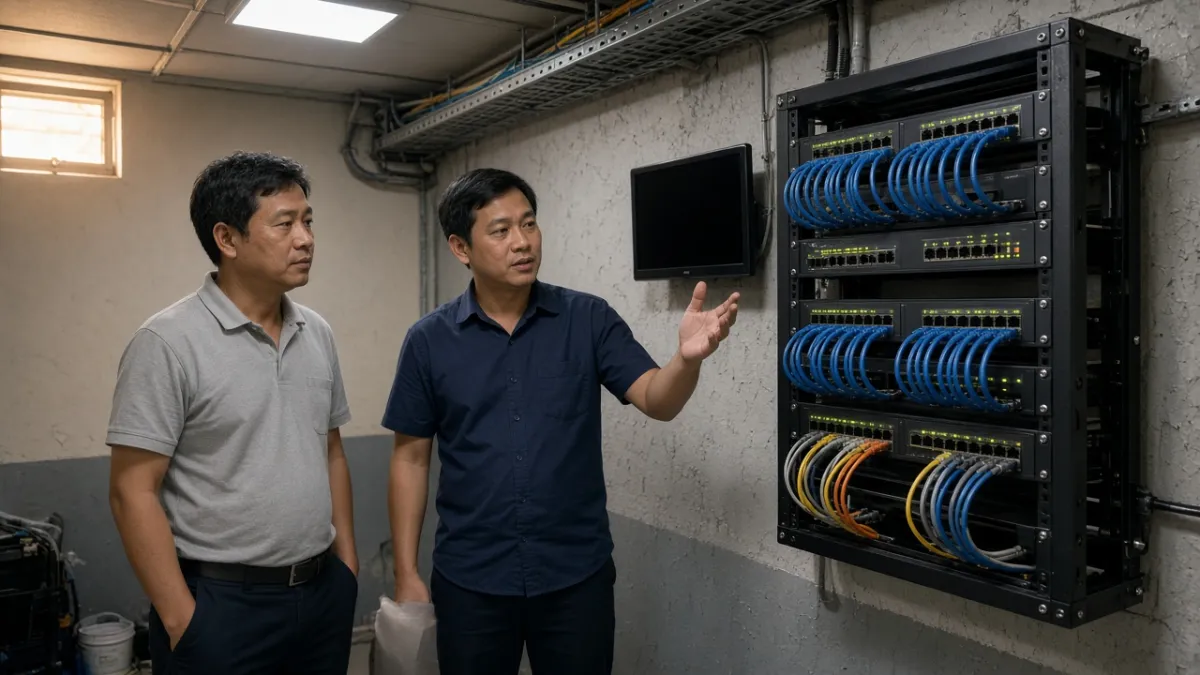 Kỹ sư khách sạn và đối tác triển khai kiểm tra tủ mạng LAN gọn gẵn, nền tảng cho IPTV phòng.