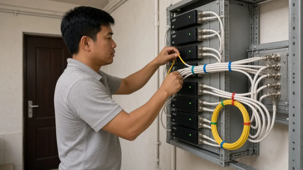Kỹ thuật viên khách sạn chỉnh dây đồng trục trên giá modulator RF, chia tín hiệu truyền hình tập trung đến phòng.