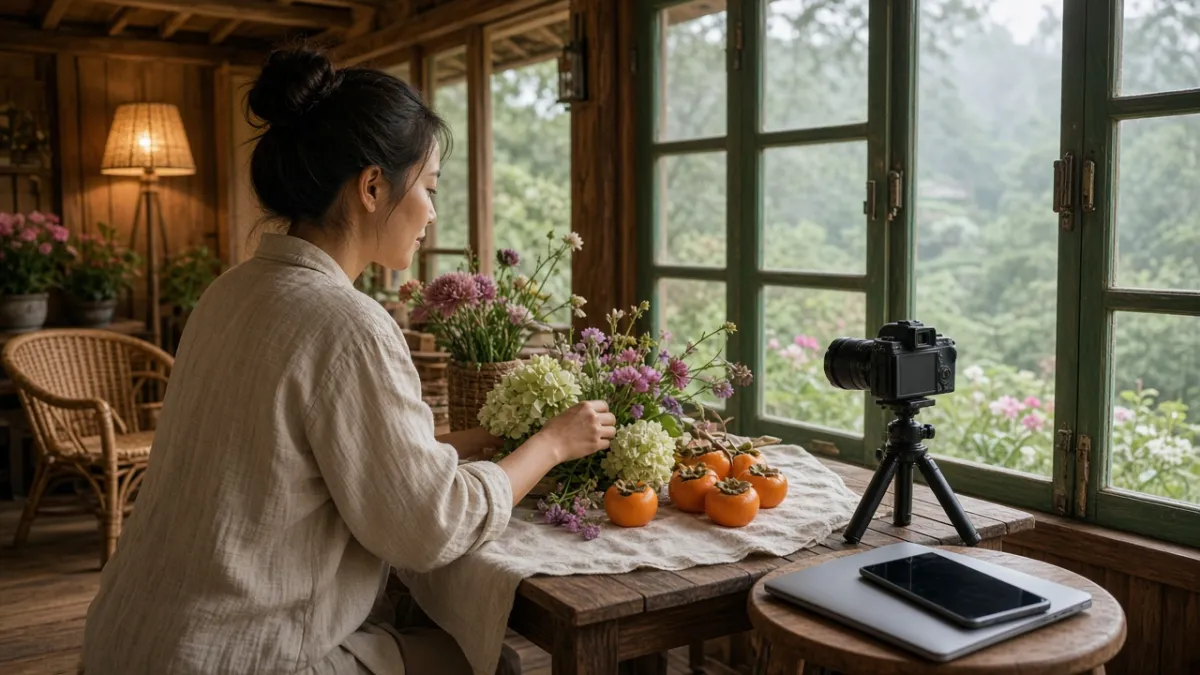 Nhân viên sắp xếp hoa quả theo mùa để chụp ảnh quảng bá phòng nghỉ tại phòng chung homestay ấm cúng.
