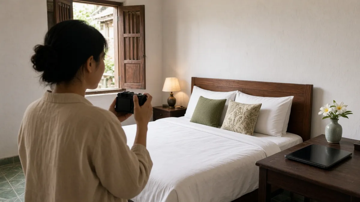 Nhân viên chụp ảnh phòng nghỉ gọn gàng, ấm cúng để làm hình minh họa chuyên nghiệp cho trang giới thiệu phòng.
