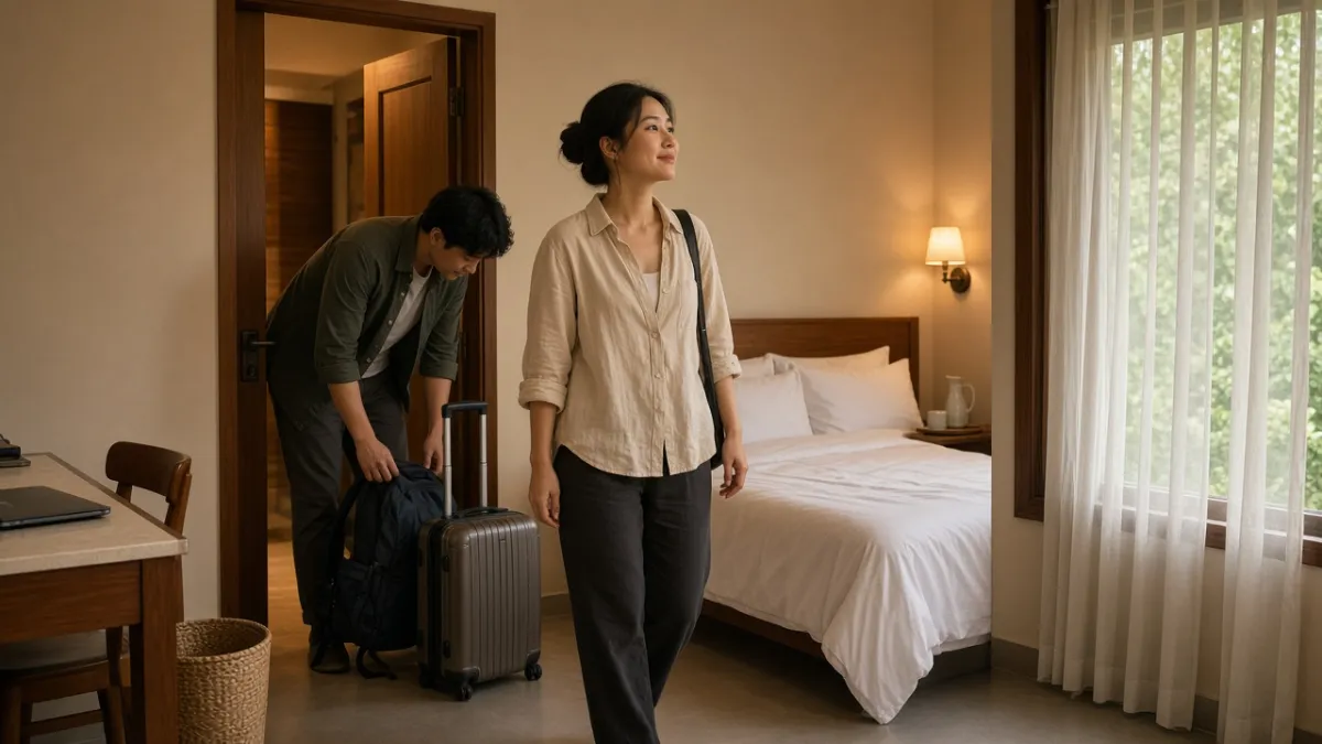 Cặp khách vừa vào phòng khách sạn sáng sủa, thể hiện niềm tin khi trải nghiệm đúng kỳ vọng từ giới thiệu phòng.