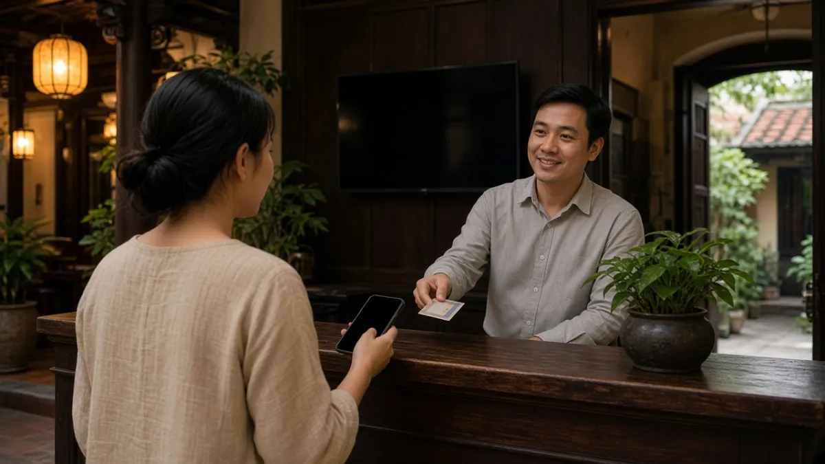 Khách cầm điện thoại tại quầy lễ tân khách sạn boutique, nhân viên giao thẻ phòng, TV tường tắt phía sau.