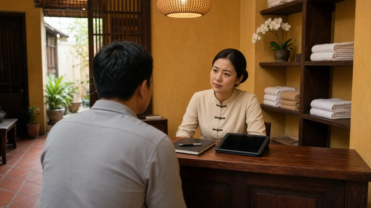 Chuyên viên tư vấn và chủ khách sạn nhỏ trao đổi tại quầy lễ tân, máy tính bảng đặt trên bàn.