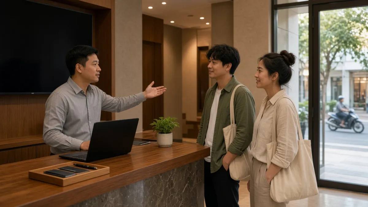 Lễ tân khách sạn boutique hướng dẫn khách tại quầy tiếp nhận, laptop và TV tắt, thể hiện vận hành chuyên nghiệp.