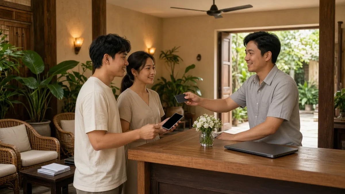 Khách đôi làm thủ tục tại quầy lễ tân khách sạn nhỏ, minh họa lợi ích đặt phòng trực tiếp qua website chuyên nghiệp.