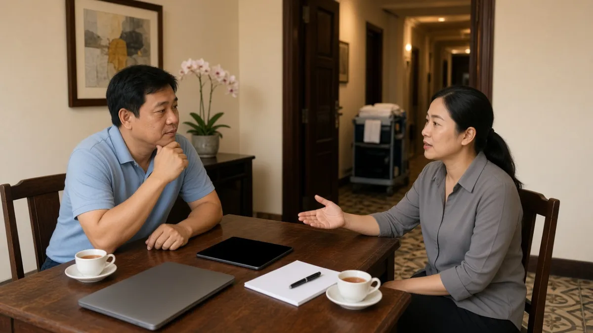 Chủ khách sạn và chuyên gia trao đổi tư vấn tại bàn làm việc, sẵn sàng triển khai website chuyên nghiệp.