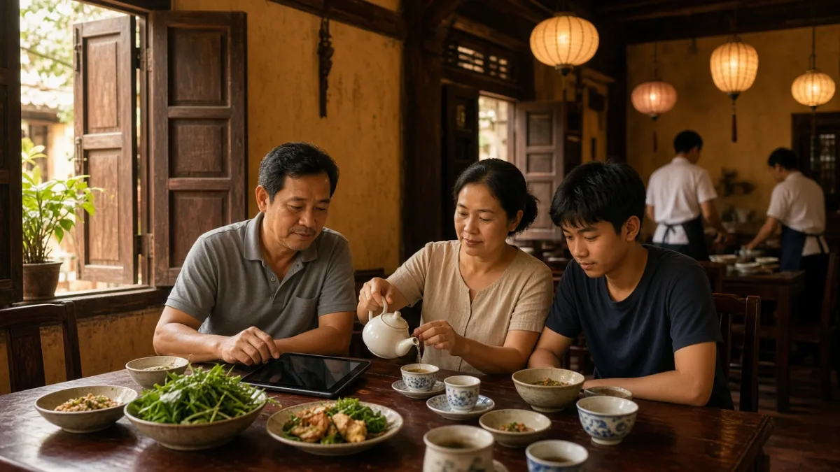 Gia đình Việt dùng bữa trong nhà hàng cổ kính, máy tính bảng đặt bàn trên bàn, minh họa đặt chỗ trực tuyến.