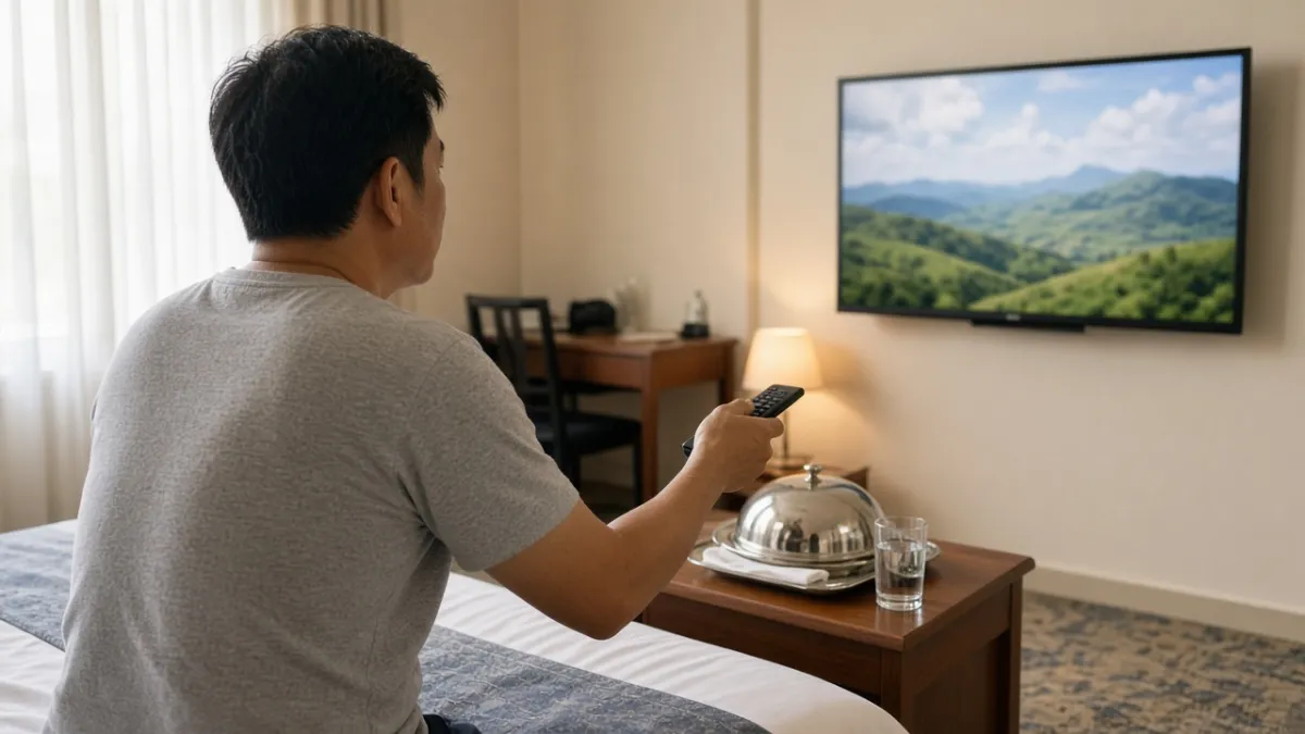 Khách dùng remote TV trong phòng khách sạn, cạnh giường có khay phục vụ phòng, gọi món qua IPTV không cần gọi lễ tân.