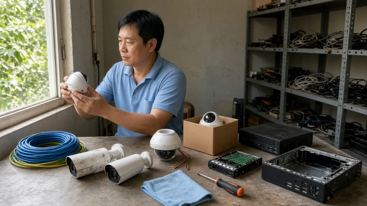 Nhân viên kiểm tra camera và đầu ghi cũ trên bàn, so sánh vỏ, ống kính và bộ phụ kiện trước khi định giá thu mua.