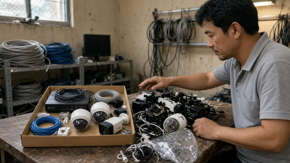 Kỹ thuật viên so sánh bộ camera đầy đủ phụ kiện với thiết bị tháo rời, hư hỏng khi định giá thu mua.