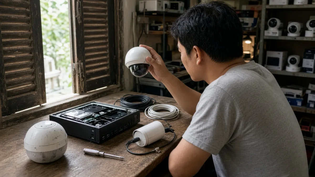 Kỹ thuật viên kiểm tra vỏ, ống kính camera và đầu ghi cũ trên bàn làm việc để định giá thu mua.