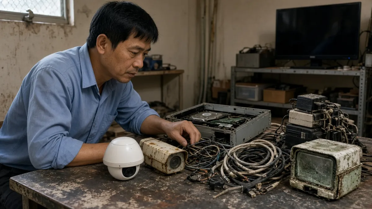 Thợ kỹ thuật kiểm tra camera dome, camera analog rỉ, đầu ghi mở nắp, dây cáp và nguồn khi định giá thu mua.