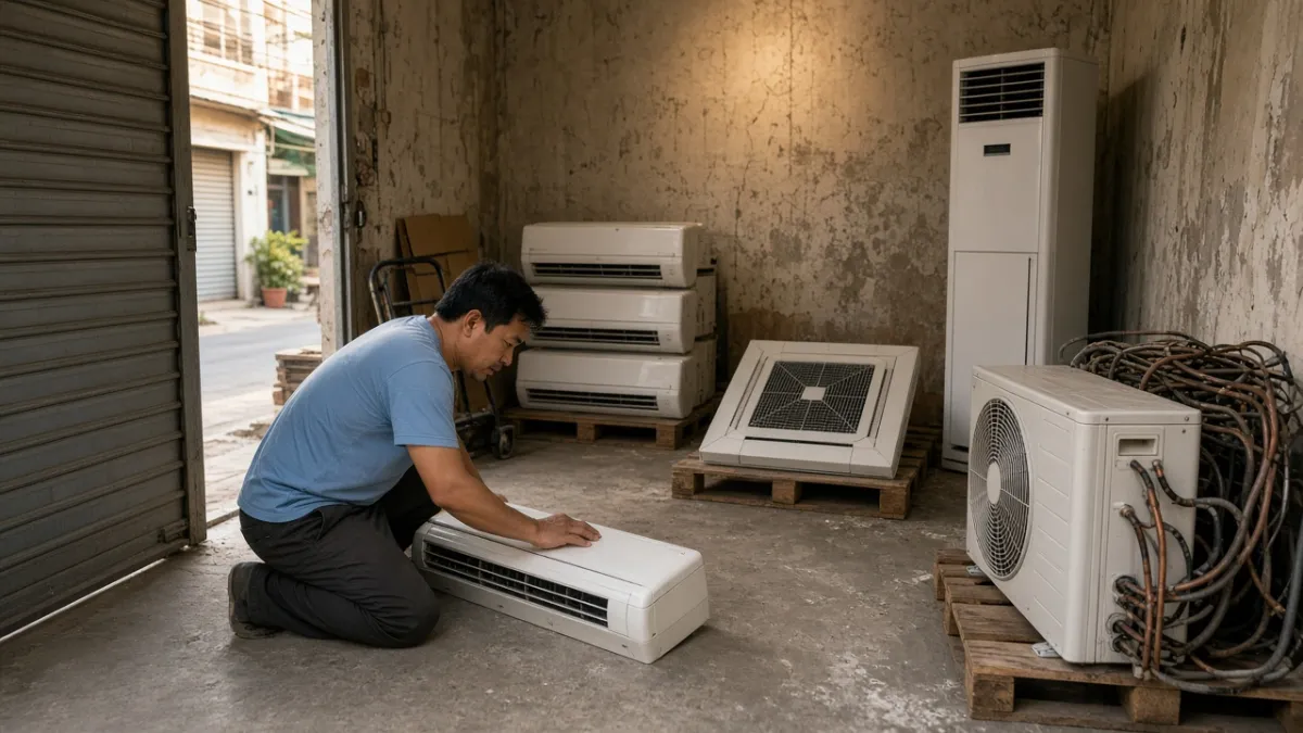 Nhiều loại điều hòa cũ treo tường, âm trần cassette, tủ đứng và dàn ngoài multi được gom kiểm tra trong kho.