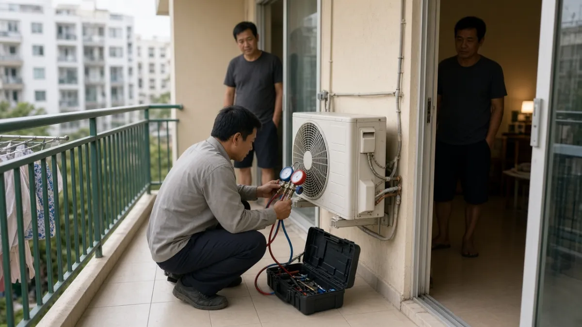 Kỹ thuật viên khảo sát dàn nóng điều hòa tại nhà khách, chủ nhà theo dõi trên ban công.