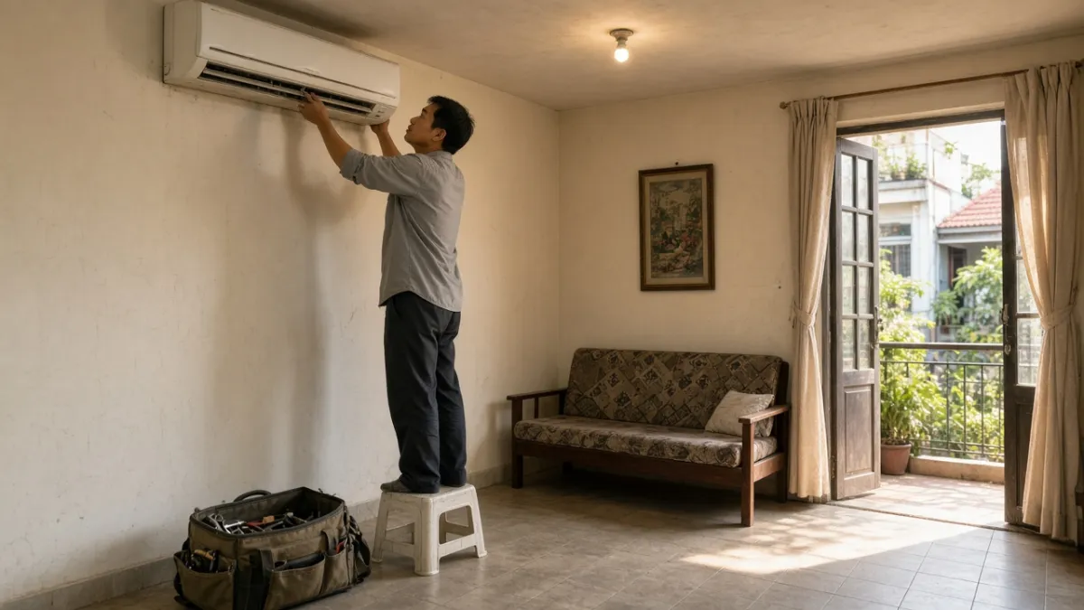 Kỹ thuật viên lưu động khảo sát điều hòa treo tường cũ trong phòng khách nhà phố, chuẩn bị tháo dỡ tận nơi.