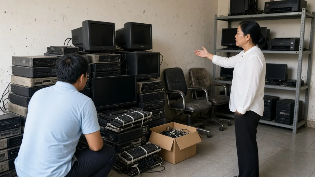 Kỹ thuật viên và cán bộ đơn vị khảo sát thiết bị điện tử cũ chờ thanh lý trong phòng kho.