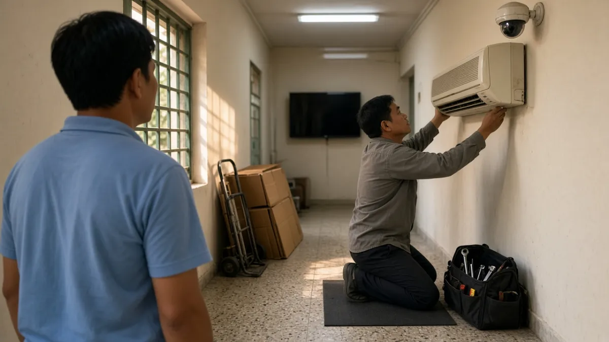 Kỹ thuật viên khảo sát điều hòa treo tường ở hành lang khách sạn, khách theo dõi khi kiểm tra thiết bị cũ miễn phí.
