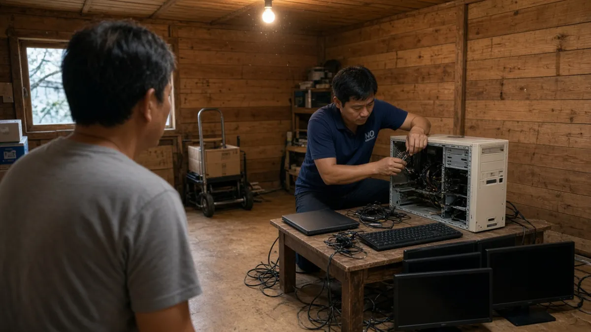 Nhân viên khảo sát tận nơi, kiểm tra máy tính và màn hình cũ trước khi thu mua cho chủ homestay.