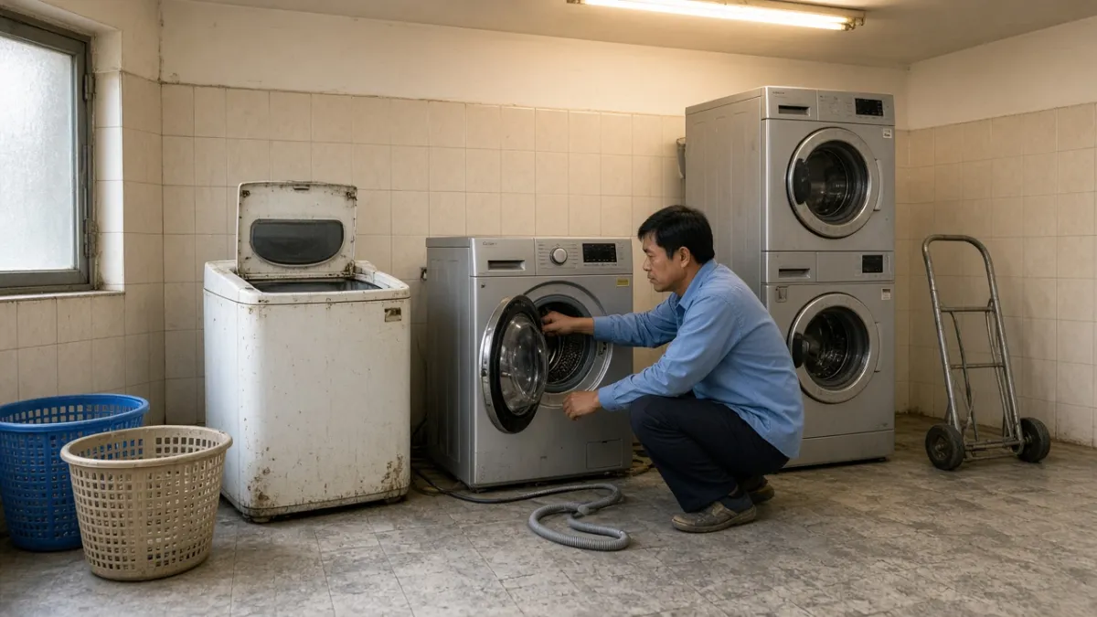 Nhân viên kiểm tra máy giặt cửa ngang cùng máy cửa trên và máy giặt sấy cũ trong phòng giặt khách sạn.