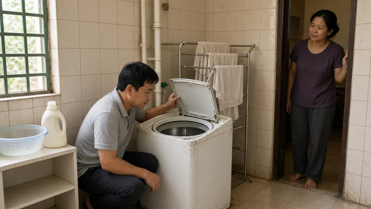 Nhân viên tới tận nơi kiểm tra máy giặt cũ trong phòng giặt, chủ nhà trao đổi để được báo giá thu mua.