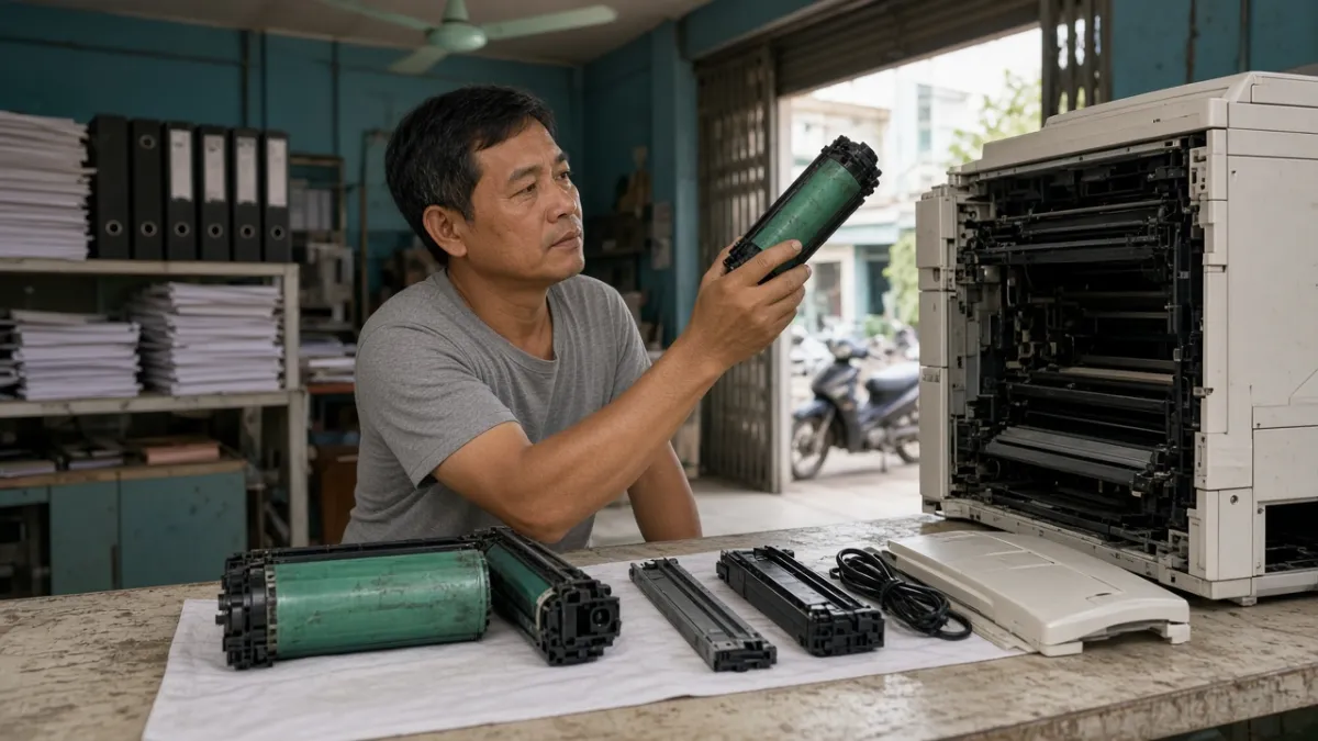 Kỹ thuật viên kiểm tra cụm trống mực và phụ kiện máy photocopy để đánh giá mức giá thu mua.