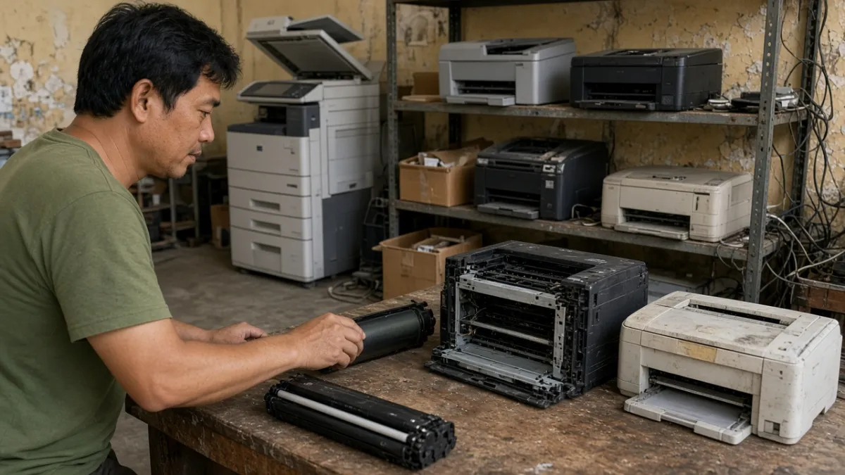 Thợ kiểm tra trống mực và máy in tháo lắp trên bàn, kệ sau xếp nhiều máy in và photocopy cũ chờ định giá.