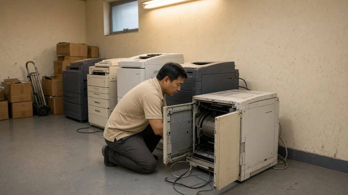 Nhân viên kiểm tra máy photocopy cũ trong phòng kỹ thuật văn phòng khi thu mua theo lô nhiều thiết bị.