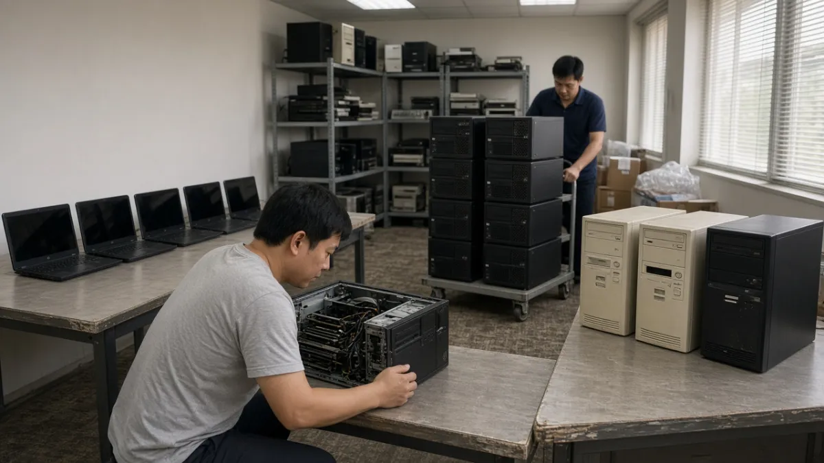 Nhân viên kiểm tra cấu hình máy bàn và chồng laptop khi văn phòng thanh lý nhiều máy tính cùng lúc.