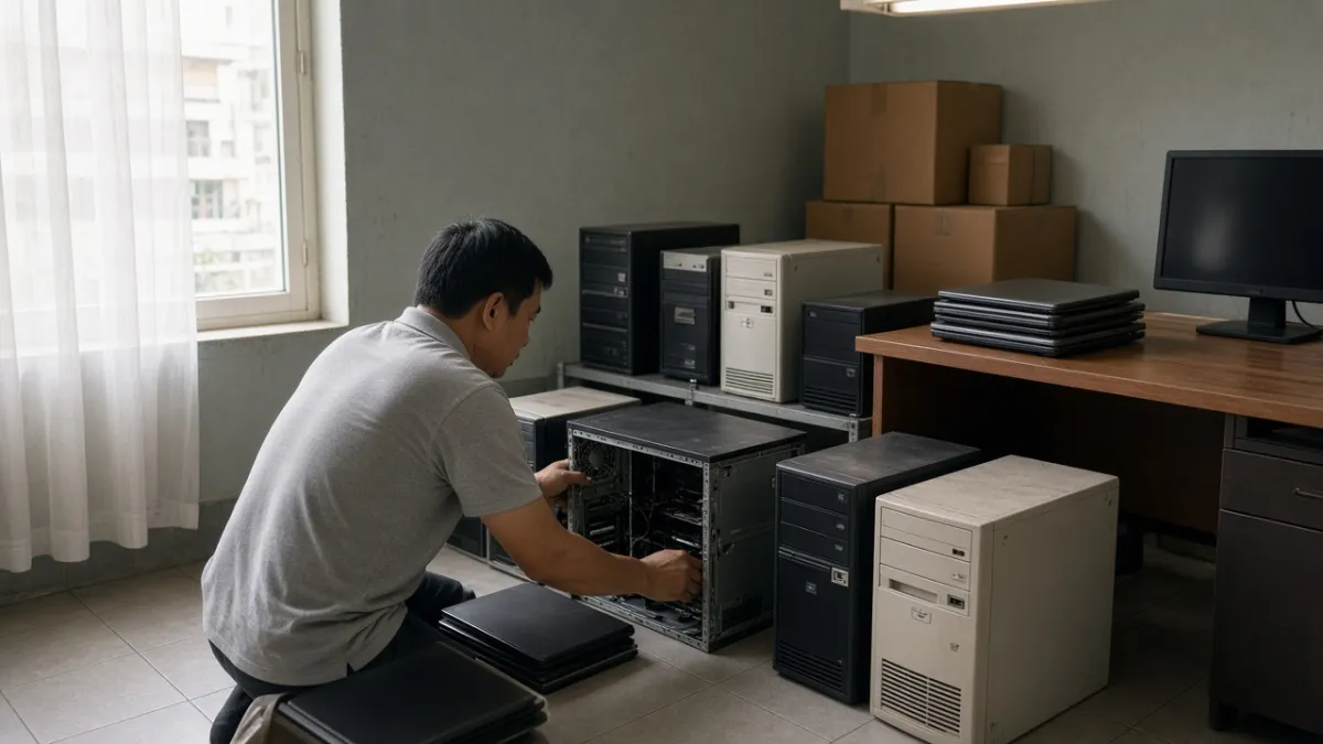 Nhân viên kiểm tra tình trạng máy tính để bàn và laptop xếp thành lô trong phòng hành chính khách sạn.