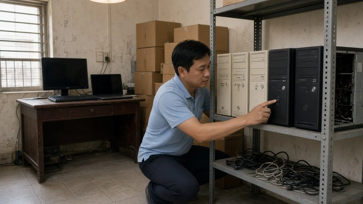 Kỹ thuật viên kiểm tra cấu hình, thử nguồn và tình trạng từng máy trong lô máy tính cũ thanh lý.