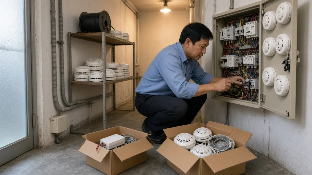 Kỹ thuật viên kiểm tra tủ trung tâm báo cháy nguyên bộ và đầu báo tháo rời trong hộp khi định giá thu mua.