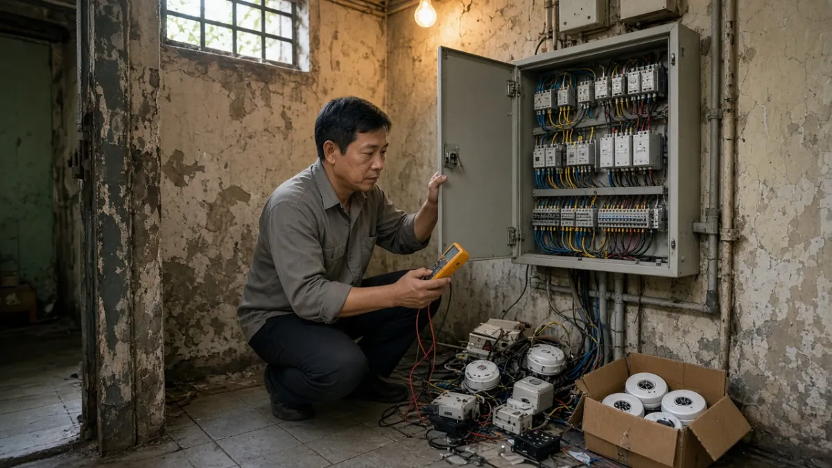Kỹ thuật viên kiểm tra tủ điều khiển còn lắp trên tường, bên cạnh thiết bị đã tháo rời và hộp đầu dò thu theo cụm.