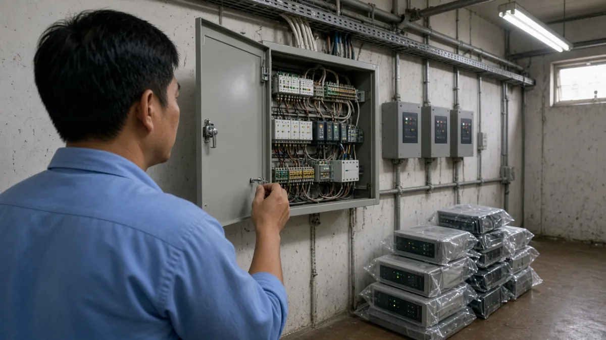 Kỹ thuật viên kiểm tra tủ trung tâm và thiết bị điện nhẹ đồng bộ khi định giá thu mua thanh lý theo hệ thống.