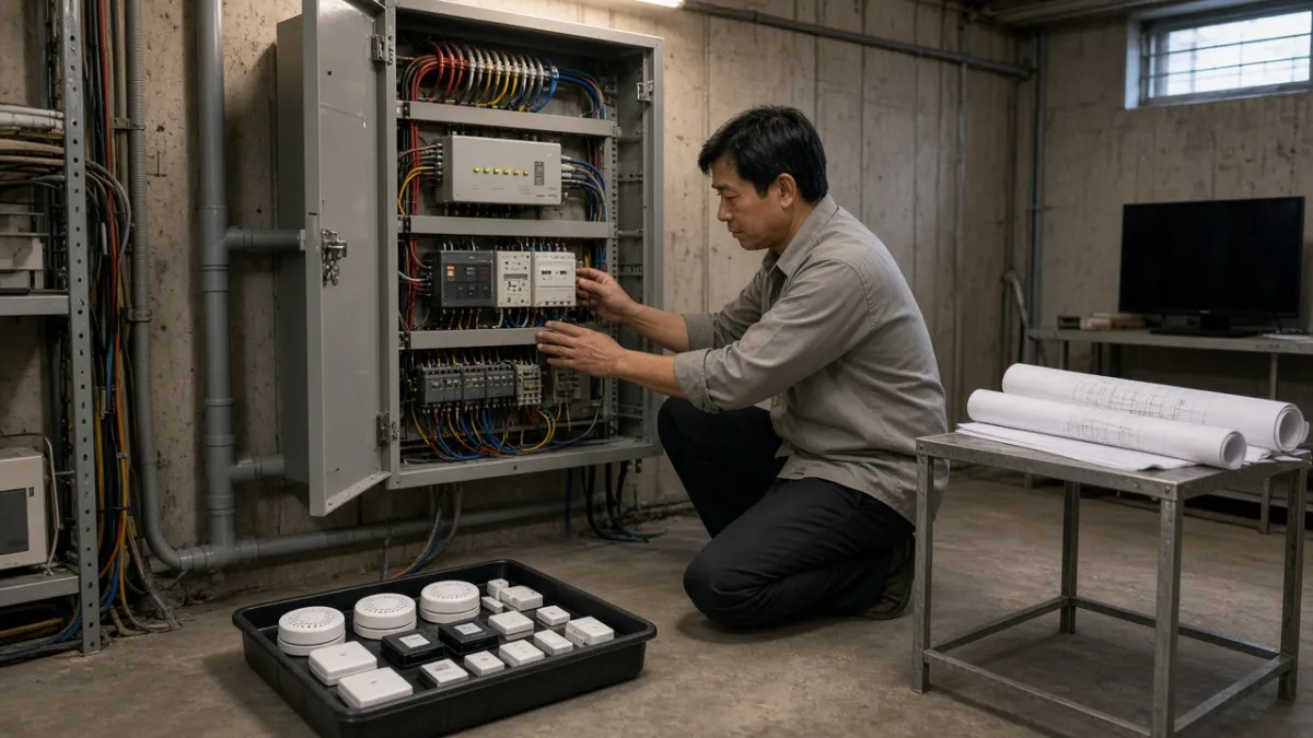Kỹ thuật viên kiểm tra tủ điều khiển trung tâm cùng bộ thiết bị điện nhẹ đồng bộ trước khi định giá thu mua.