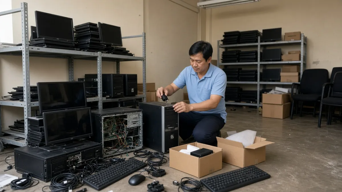 Người thu mua kiểm tra tình trạng máy tính, màn hình xếp lô và phụ kiện đi kèm trước khi định giá thiết bị cũ.