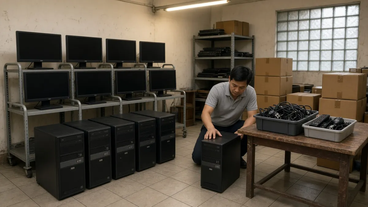 Nhân viên kiểm tra máy tính cũ; màn hình, thùng CPU và khay dây nguồn phụ kiện xếp theo lô khi thanh lý văn phòng.