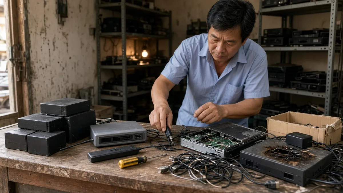 Nhân viên phân loại đầu thu, tivi box và thiết bị streaming đã qua sử dụng, kể cả máy lỗi, trên quầy thu mua.
