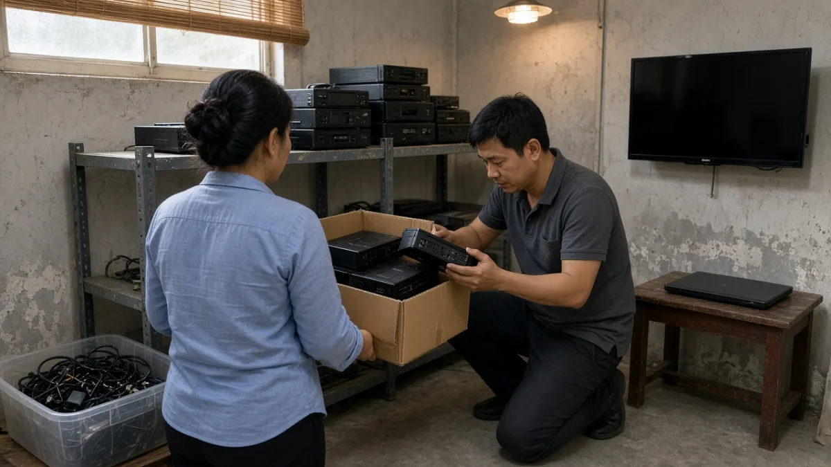Kỹ thuật viên khảo sát tận nơi đầu thu và tivi box cũ trong kho khách sạn cùng chủ cơ sở thanh lý.