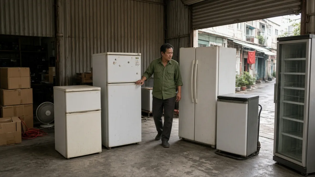 Hàng loạt tủ lạnh cũ nhiều kiểu dáng xếp trong kho, nhân viên đang kiểm tra trước khi thu mua.