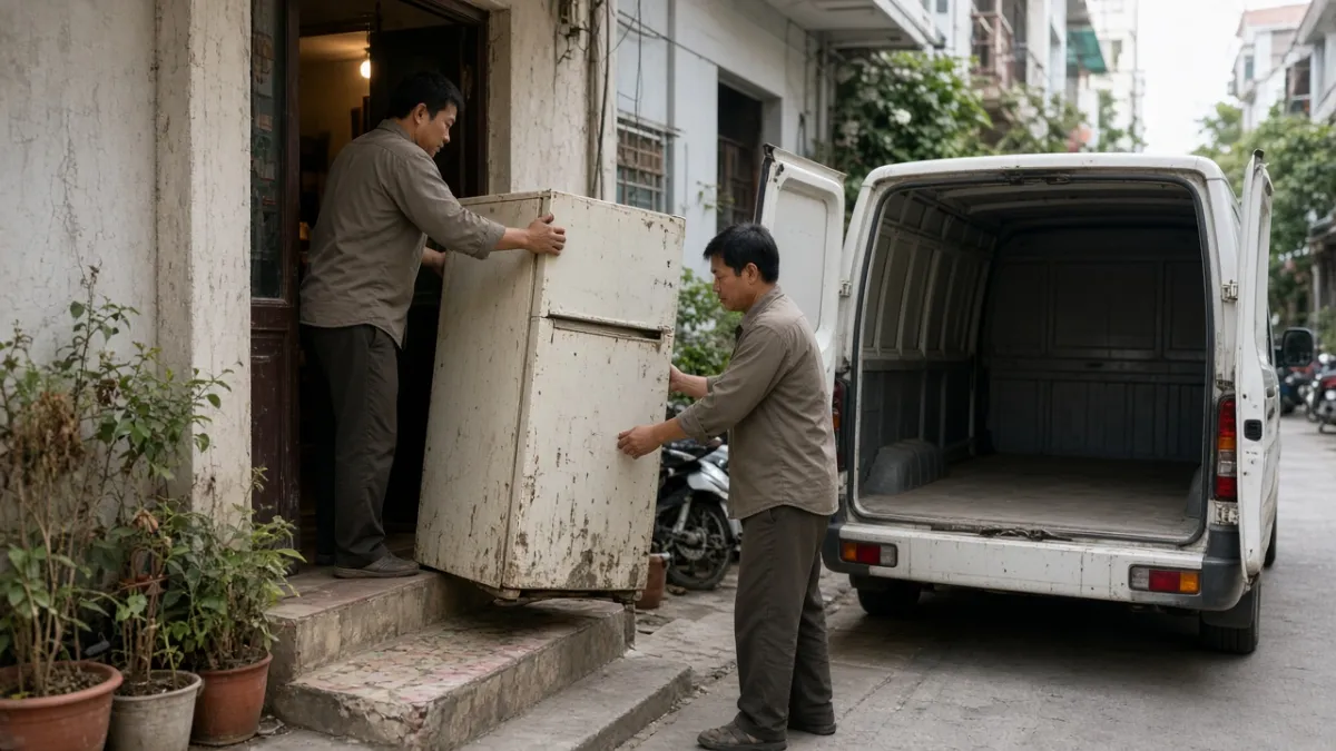 Hai nhân viên bốc tủ lạnh cũ lên xe van tại ngõ dân cư, thể hiện dịch vụ thu mua tận nơi.