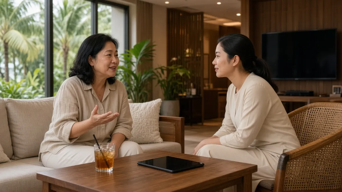 Nhân viên khách sạn lắng nghe khách chia sẻ phản hồi trong lúc khách còn ở khách sạn.