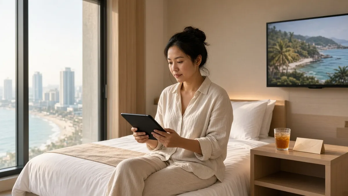 Khách nữ ngồi trên giường xem tablet trong phòng khách sạn Đà Nẵng, minh họa thu thập phản hồi qua tablet và TV trong phòng.