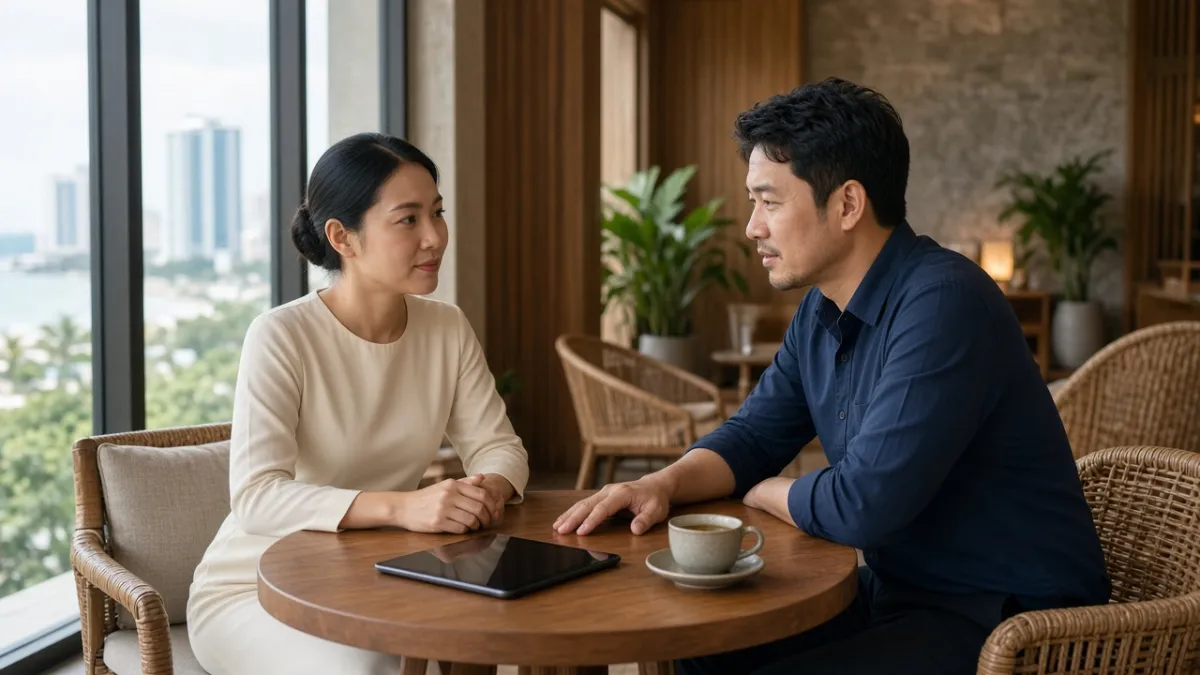 Nhân viên khách sạn lắng nghe khách chia sẻ phản hồi tại sảnh, thể hiện cầu nối giữa khách và thương hiệu.