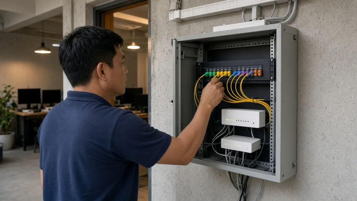 Kỹ thuật viên kiểm tra tủ mạng và cáp quang tại văn phòng doanh nghiệp, minh họa hạ tầng thuê bao cáp quang.