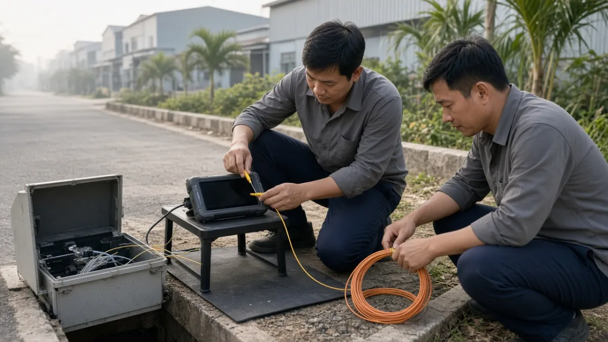 Kỹ thuật viên đo kiểm tra tuyến cáp quang bằng máy OTDR tại hố cáp ngoài hiện trường khu công nghiệp.