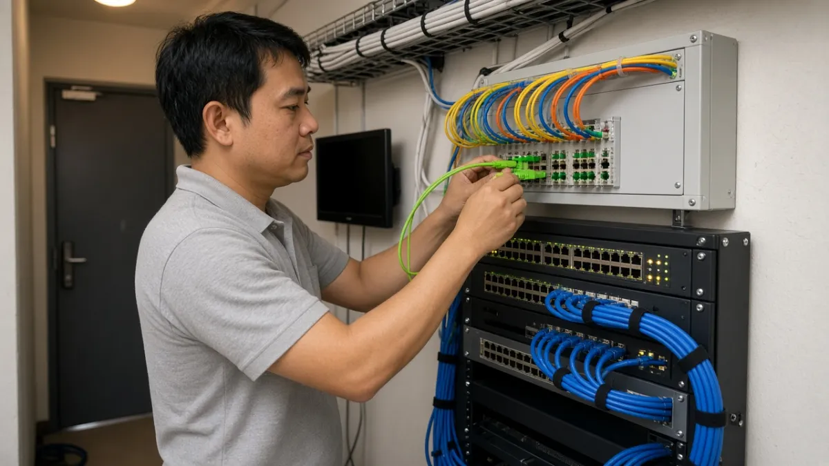 Kỹ thuật viên nối sợi quang tại tủ rack mạng khách sạn, thể hiện hạ tầng IPTV băng thông lớn và dễ mở rộng.